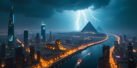 modern city with empty road and skyscrapers in the evening