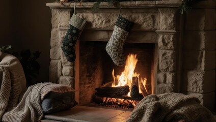 Cozy Christmas Fireplace with Stockings and Warm Blankets.