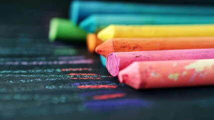 A close-up view of colorful chalk pieces arranged on a black chalkboard surface, perfect for education, art projects, or creative explorations in learning environments. - Powered by Adobe