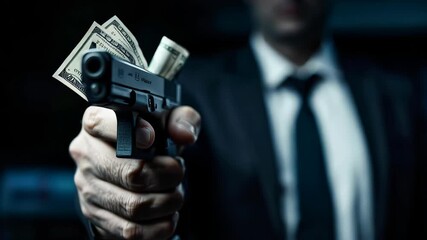 A tense scene depicting a businessman holding a gun and cash in a low-light setting, portraying themes of danger, power, and conflict in a dramatic atmosphere. - Powered by Adobe