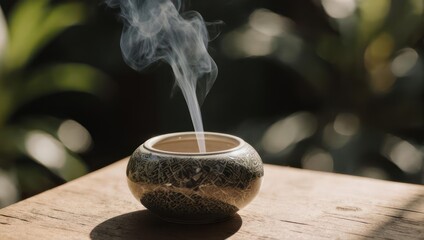Aromatic Incense Burning in Ceramic Holder with Smoke.