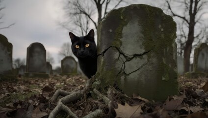 Black cat peeking from behind a cracked tombstone in a graveyard.