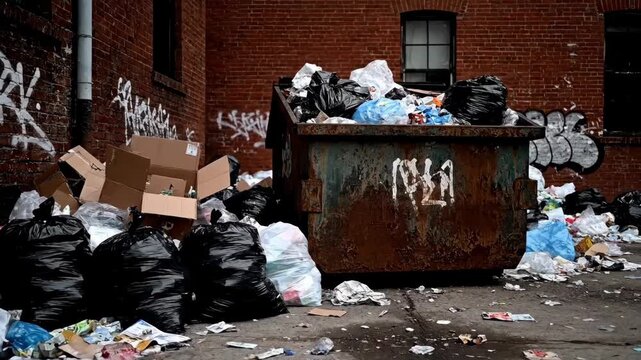 Urban Waste Accumulation in Abandoned Alley with Graffiti Background