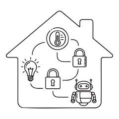 Stylized Line Art of Smart Home with Automation Symbols: Lightbulb, Lock, Robot, Thermostat