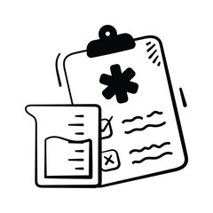 Hand drawn icon of blood report with test tube symbolizing diagnostics.