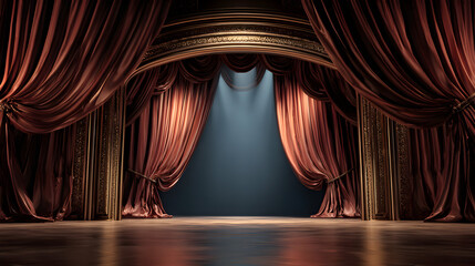 Ornate stage with burgundy velvet curtains and golden trim a classic theater backdrop for presentations or performance elegant setting with professional lighting and luxurious