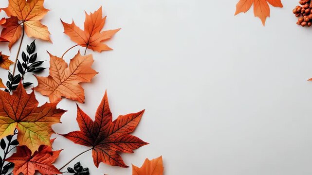 A beautiful arrangement of colorful autumn leaves and berries creates a warm, inviting atmosphere. Ideal for seasonal themes or nature-inspired projects.