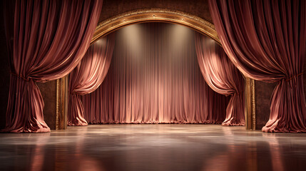 Majestic stage scene with ornate golden frame and lush velvet curtains setting a theatrical ambience revealing a captivating interior and shining stage area ready for a grand