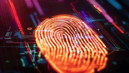 This abstract image showcases a luminous fingerprint against a vibrant digital backdrop. It symbolizes technology, identity, and innovation in modern security. - Powered by Adobe