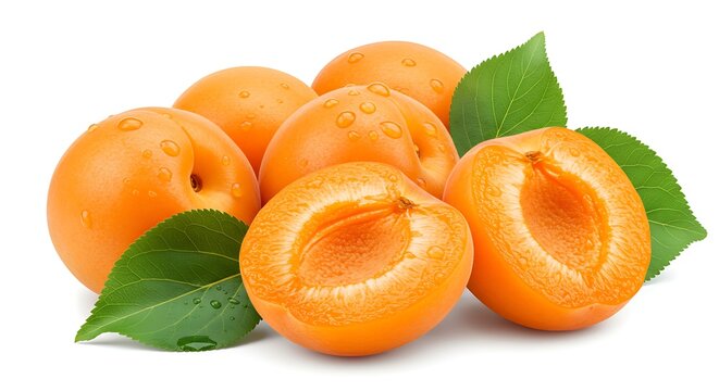 Close-up of ripe apricots with leaves and droplets, one cut open, on white background