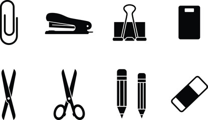 Fototapeta premium Office stationery silhouette vector, paperclip, stapler, binder clip, scissors, pencil, eraser, notepad, school supplies icon set, black isolated illustration