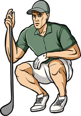 Cartoon Golfer Crouching with Club in focused Illustration