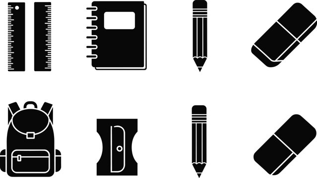 School supplies icon set, black and white vector illustration, education tools silhouette, stationery design elements, cad drawing flat vector illustration