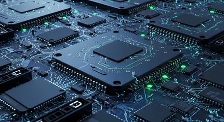 Abstract Macro View of a Futuristic Circuit Board with Glowing Green Data Pathways