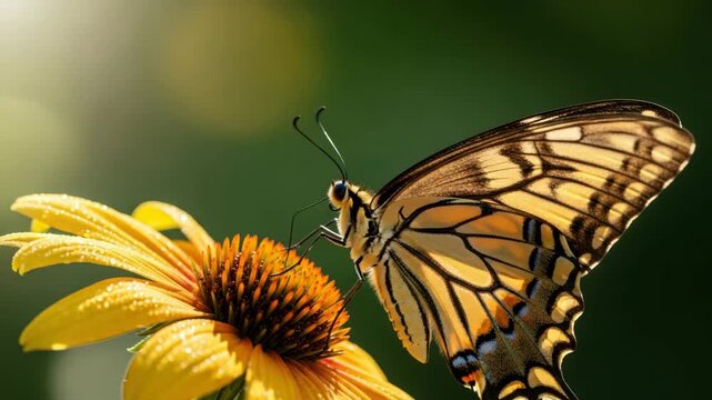 Eastern tiger swallowtail butterfly on a yellow flower in a natural setting