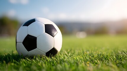 Fototapeta premium Soccer ball rests on lush green grass under a clear sky.