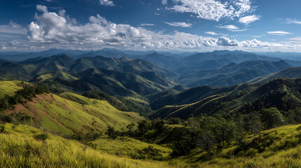 Naklejka premium Verdant layered hills with wispy clouds in Thailand Mae Hong Son, showing a beautiful natural landscape.