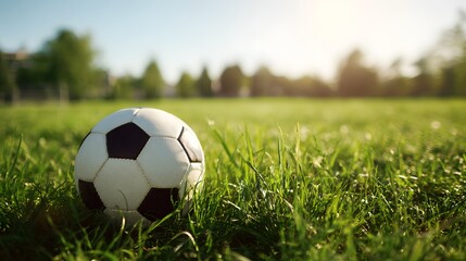 Fototapeta premium Soccer ball resting on green grass during a sunny day.