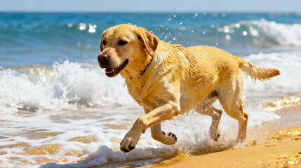 Yellow Labrador Retriever Chasing Waves on the Beach