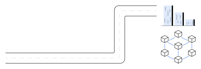 Simplistic road path leading to bar graph and interconnected blocks symbolizing blockchain. Ideal for technology, analytics, strategy, innovation, progress, network, minimalism. Emphasizes simple