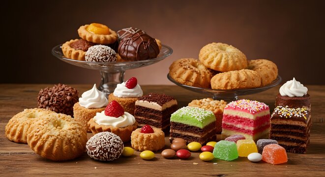 Assortment of Delicious Pastries and Cookies on a Wooden Table