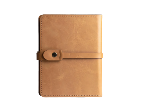 Top-down shot of a closed, tan leather journal with a strap and button closure
