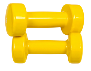 Two vibrant yellow dumbbells, one atop the other, for a fitness exercise