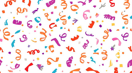 Fototapeta premium Colorful confetti and streamers scattered across a white background, creating a festive design.