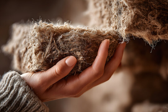 Hand holding cellulose insulation material made from recycled paper. Eco friendly construction, sustainable housing, energy efficiency and green building solutions