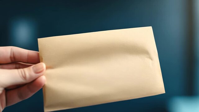A close-up of a hand holding a blank envelope on a dark blue background. Ideal for communication concepts, stationery designs, or postal themes.