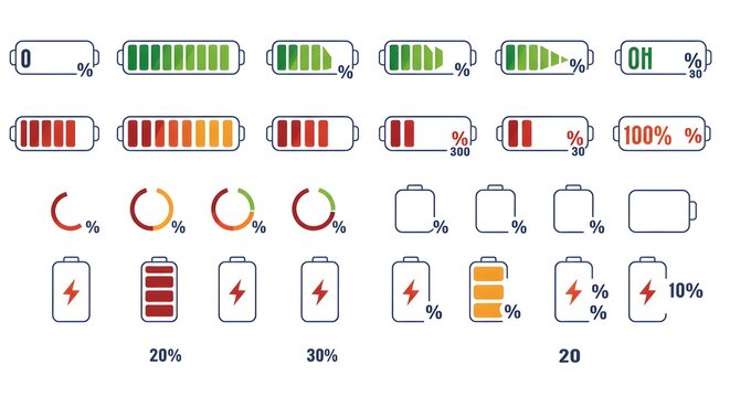 Collection of Battery Charge Level Indicators, Icons, and Percentage Graphics