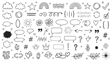 Сollection of various black doodle elements, manga-style illustration pictogram icon set. Transparent PNG version.