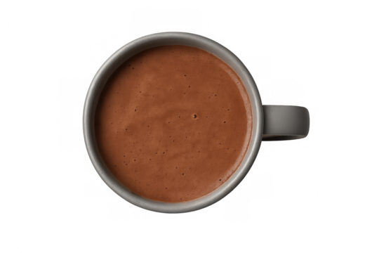 Hot cocoa drink in a ceramic mug, top view for comfort, warmth, and relaxation on transparent background