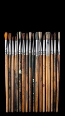 Close-up shot of various artist brushes against a stark black backdrop, focusing on bristles