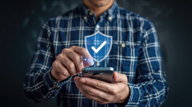 Man using smartphone with glowing digital shield icon symbolizing cybersecurity and data protection for online safety and privacy