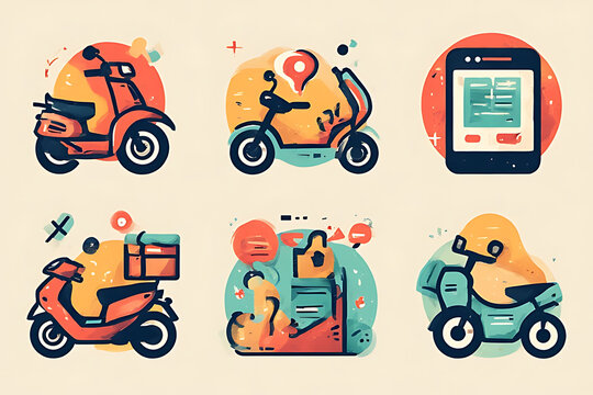 Collection of stylized illustrations featuring scooters, a phone, and delivery concepts.