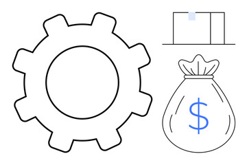 Large cogwheel beside a bar chart and dollar-sign money bag, symbolizing industry, financial growth, and efficiency. Ideal for business, strategy, finance, planning, productivity workflow simple