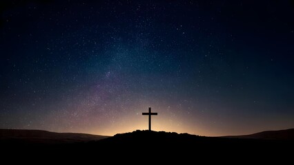 Silhouette of a cross on a hill against a star-filled night sky with a warm glow on the horizon Concept Cross silhouette, Starry night sky, Hill landscape, Warm horizon glow, Religious symbolism