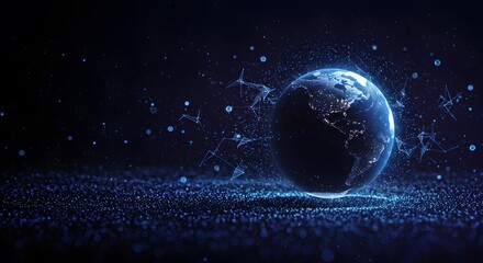 Digital Earth Globe with Connected Lines and Glowing Particles in Dark Futuristic Network