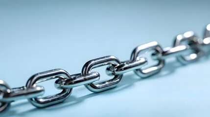 Obraz premium A close-up, high-angle view of a shiny metal chain on a light blue background.