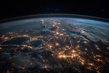 Obraz premium Stunning view of Earth from space showing planet's curvature, vibrant city lights, roads, and scattered stars in dark cosmos, with clouds enhancing the contrast of nature and human activity