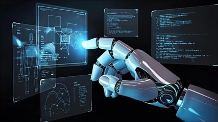 A robotic hand interacts with holographic interfaces. - Powered by Adobe