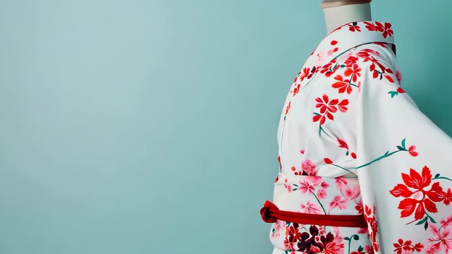 A stunning traditional kimono featuring a vibrant floral design and a striking red sash. Perfect for showcasing cultural heritage, elegance, and style.
