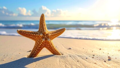 Close-up of a starfish on sandy beach with ocean and bright sunlight in the blurred background