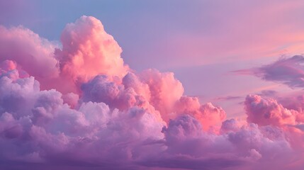 Fluffy pink and purple clouds drift across a pastel sky.