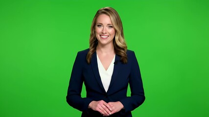 Smiling professional woman in business suit against green screen, ready for chroma key compositing and presentations - Powered by Adobe