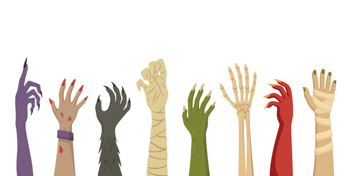 Halloween Zombie Hands, Vector Illustration. Isolated Cartoon Horror Skeleton, Mummy, Monster Rising Arms. Halloween Clipart