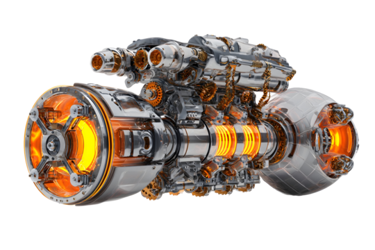 Highly detailed futuristic car engine with glowing pistons for automotive innovation design