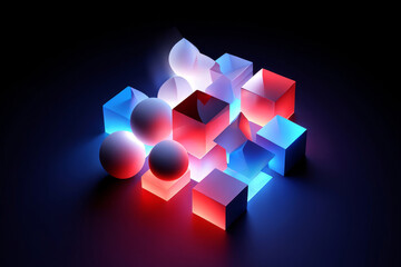 Colorful geometric shapes arranged creatively with soft lighting in a dark environment for a modern artistic display Generative AI
