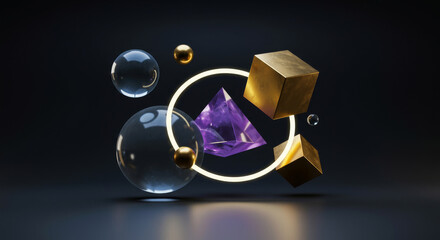 Colorful geometric shapes and crystals create an eye-catching composition in a dark setting Generative AI
